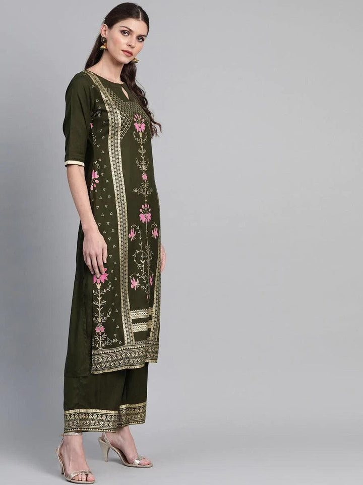 Olive Green Printed Rayon Kurta Set