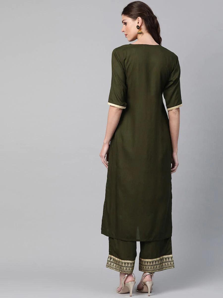 Olive Green Printed Rayon Kurta Set - ShopLibas
