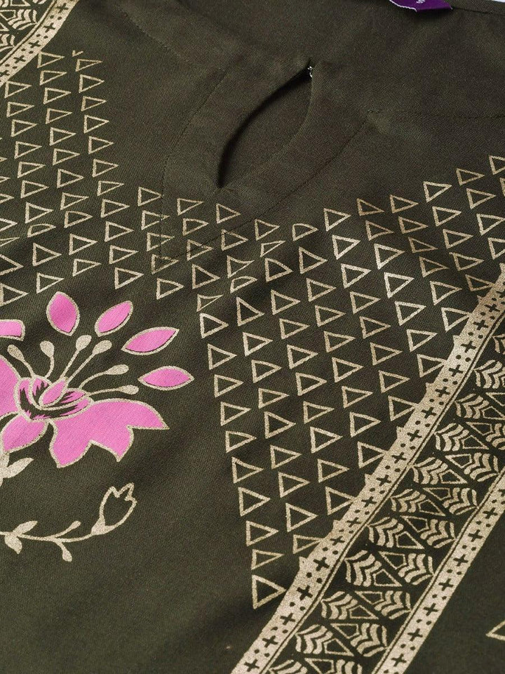 Olive Green Printed Rayon Kurta Set