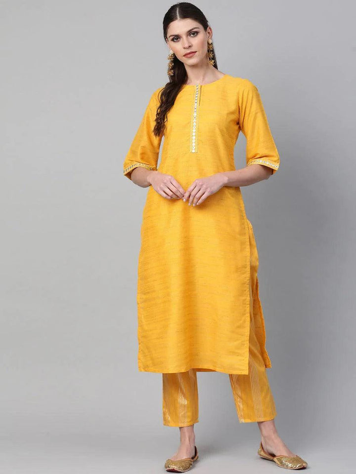 Yellow Self Design Chanderi Kurta Set