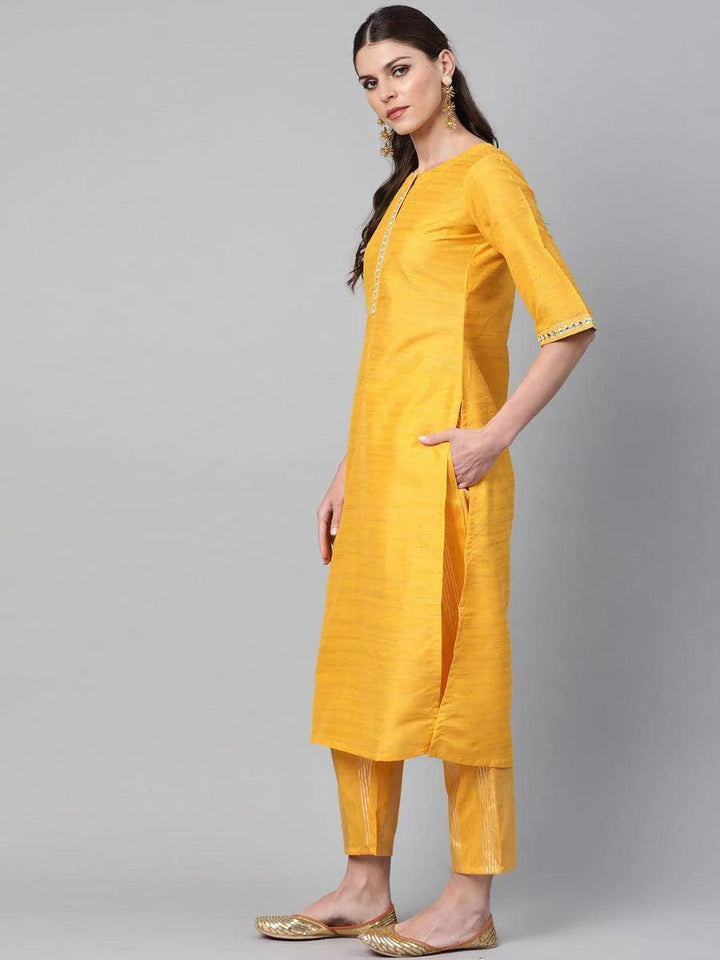 Yellow Self Design Chanderi Kurta Set