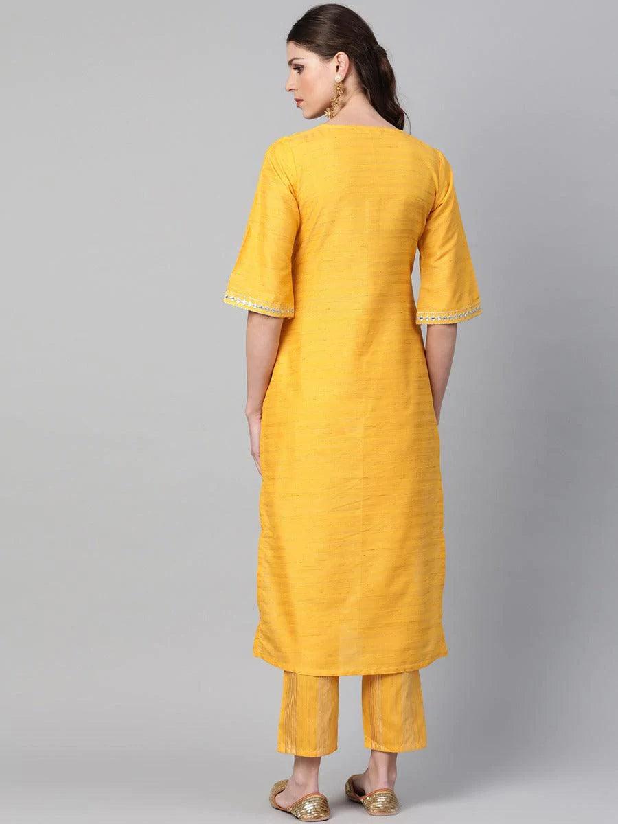 Yellow Self Design Chanderi Kurta Set - ShopLibas