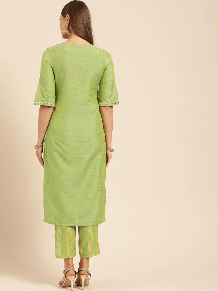 Olive Green Self Design Silk Kurta Set