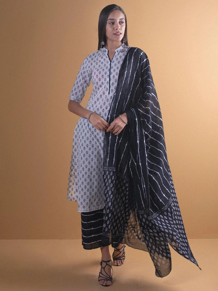 White Printed Cotton Suit Set