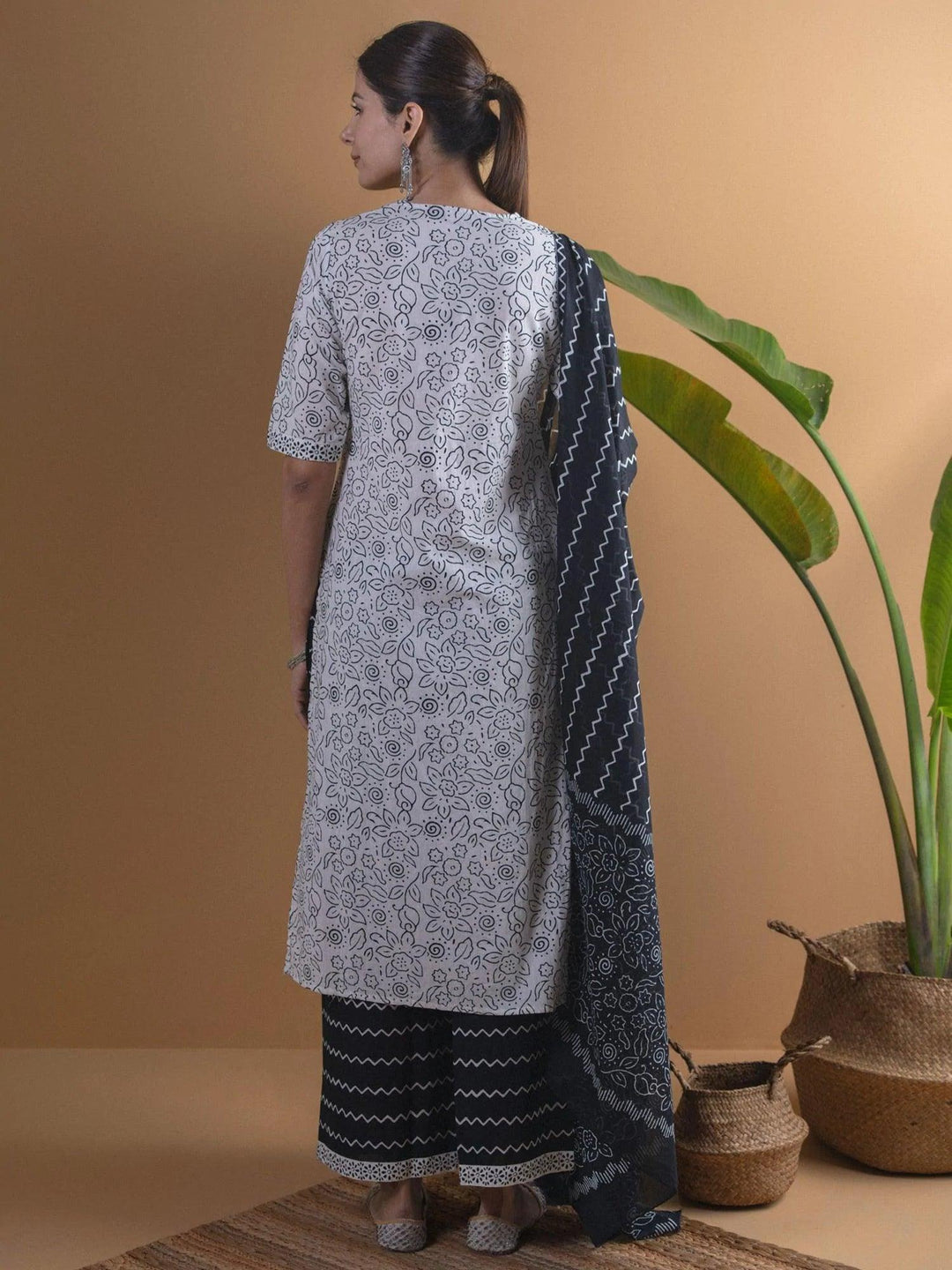 White Printed Cotton Suit Set - ShopLibas