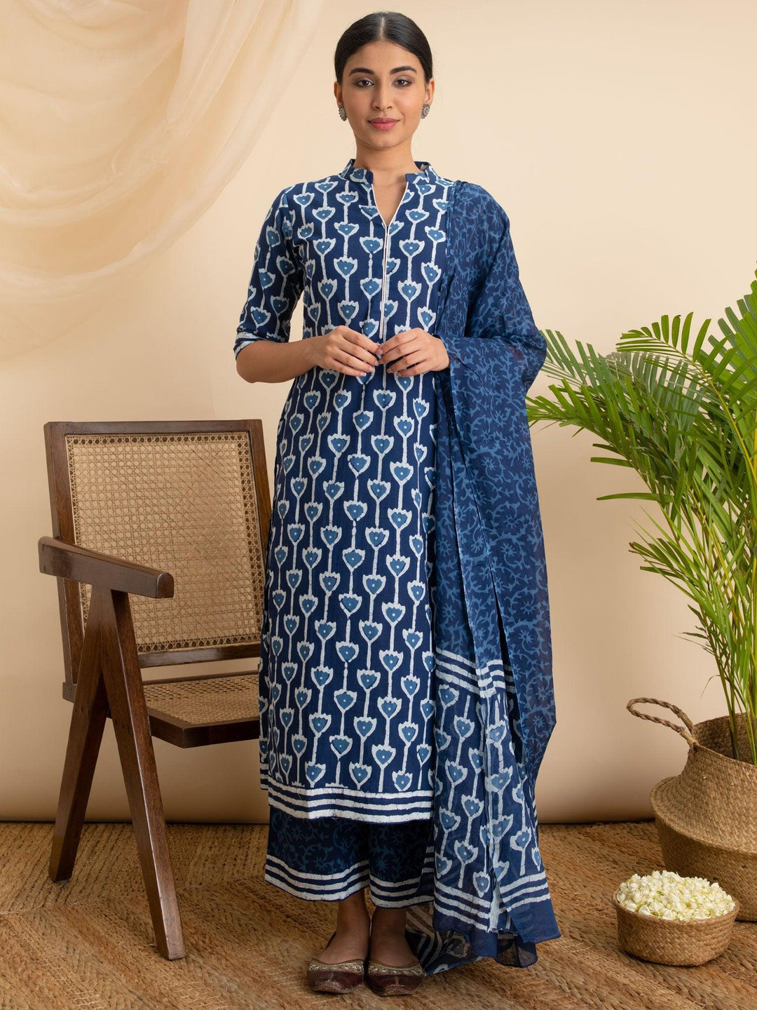 Blue Printed Cotton Suit Set - ShopLibas