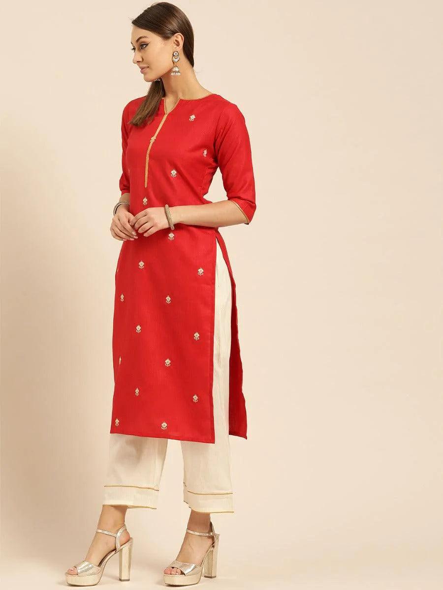 Red Embroidered Cotton Kurta Set - ShopLibas