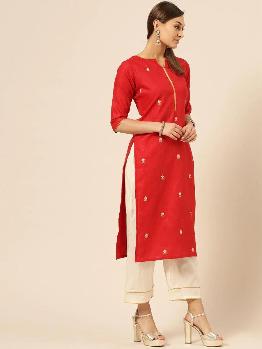 Red Embroidered Cotton Kurta Set - ShopLibas