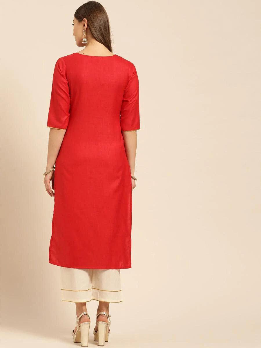 Red Embroidered Cotton Kurta Set - ShopLibas