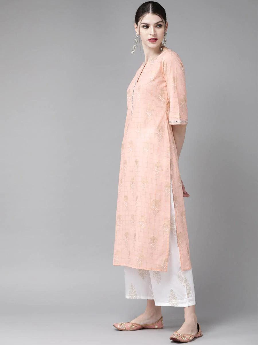 Peach Printed Cotton Suit Set - ShopLibas