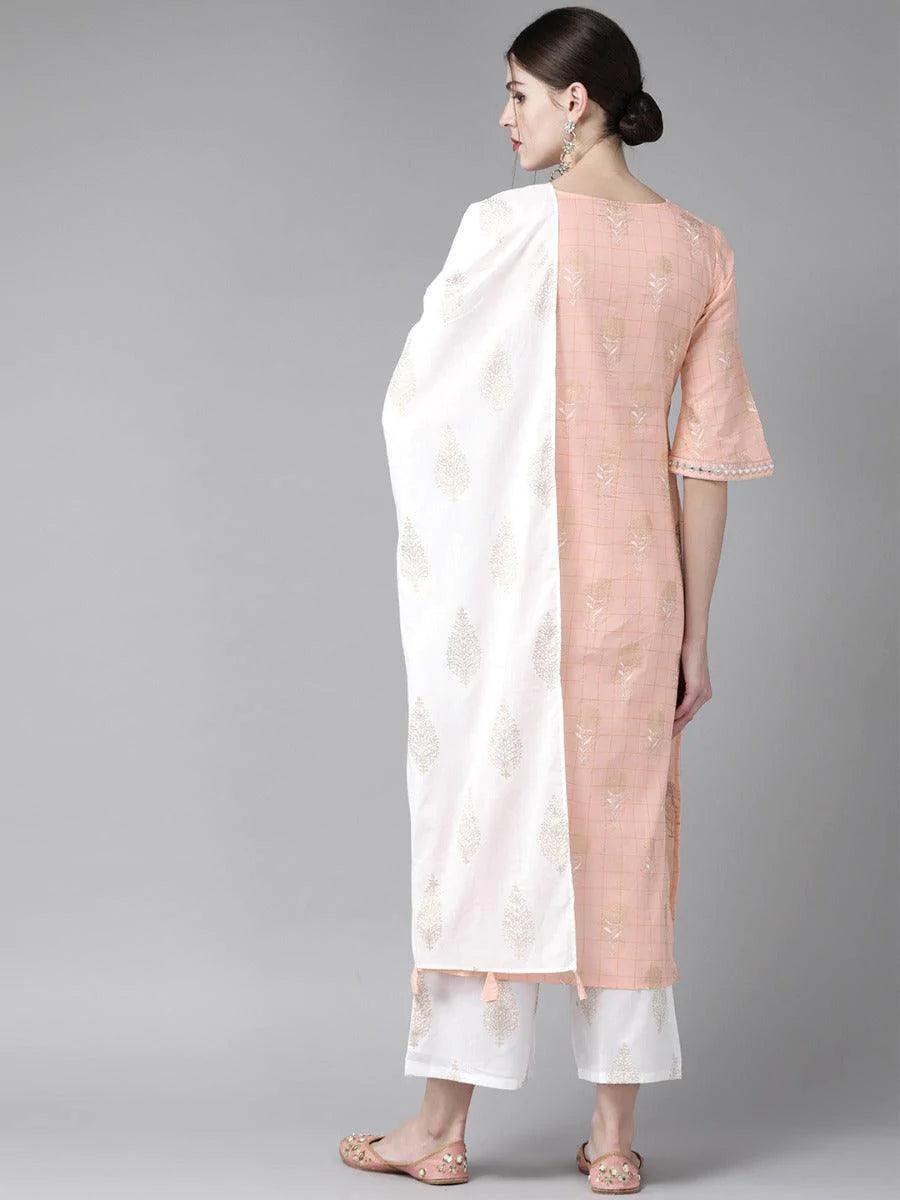 Peach Printed Cotton Suit Set - ShopLibas