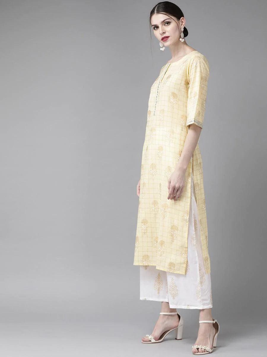 Pastel Yellow Printed Cotton Suit Set - ShopLibas