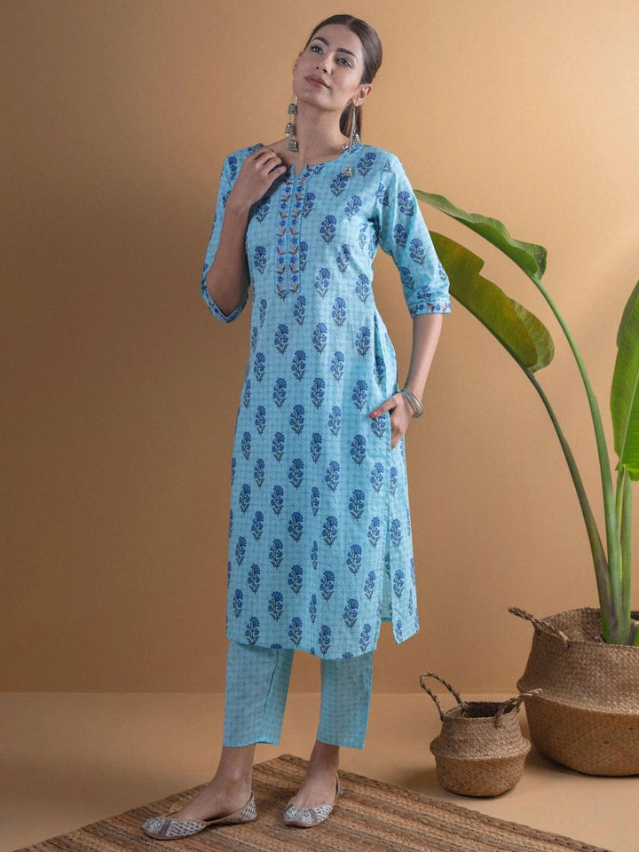 Blue Printed Cotton Kurta Set