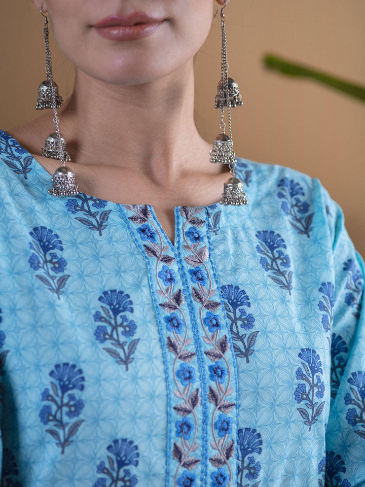 Blue Printed Cotton Kurta Set