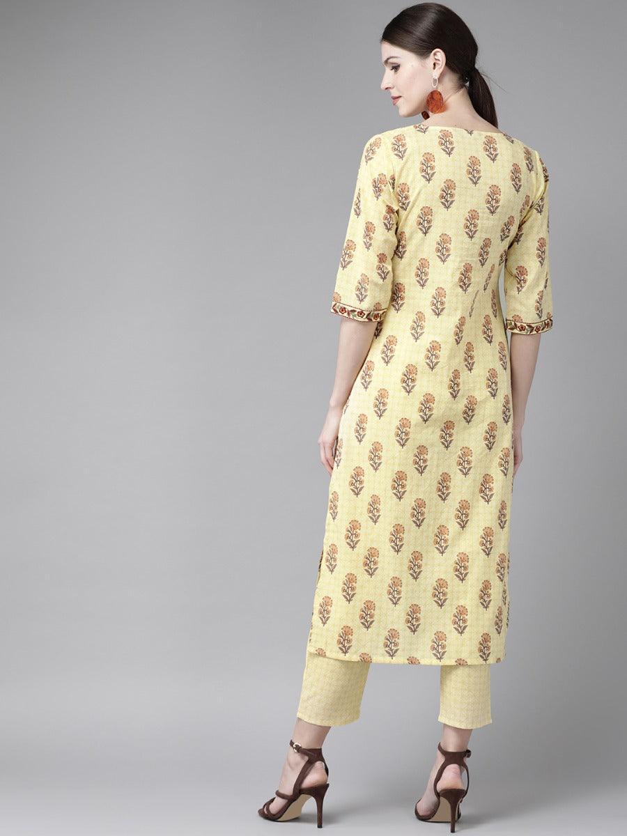 Yellow Printed Cotton Kurta Set - ShopLibas