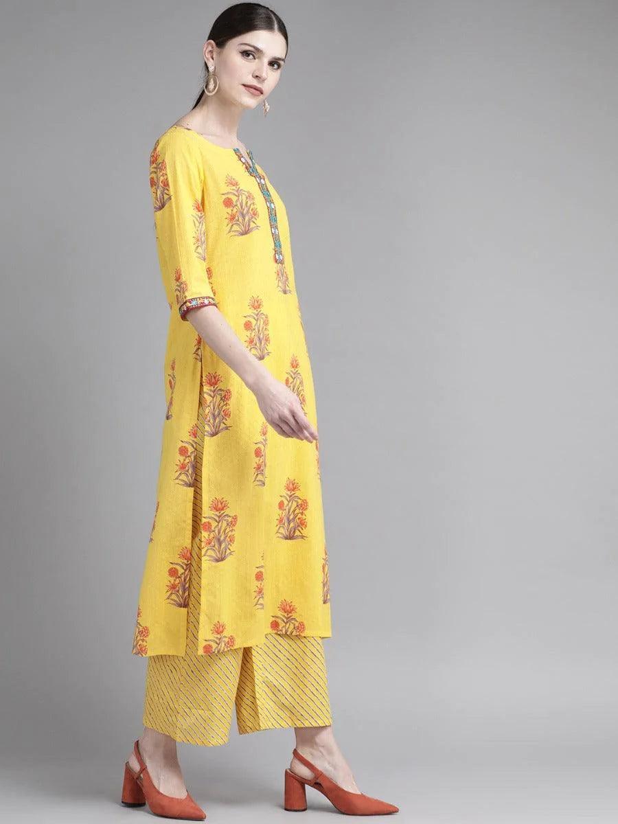 Yellow Printed Cotton Kurta Set - ShopLibas