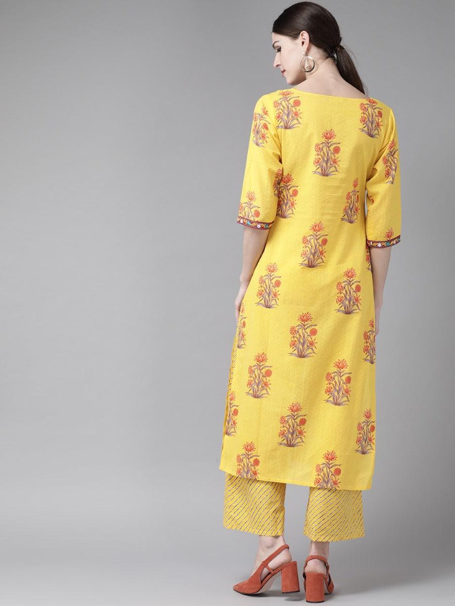 Yellow Printed Cotton Kurta Set - ShopLibas