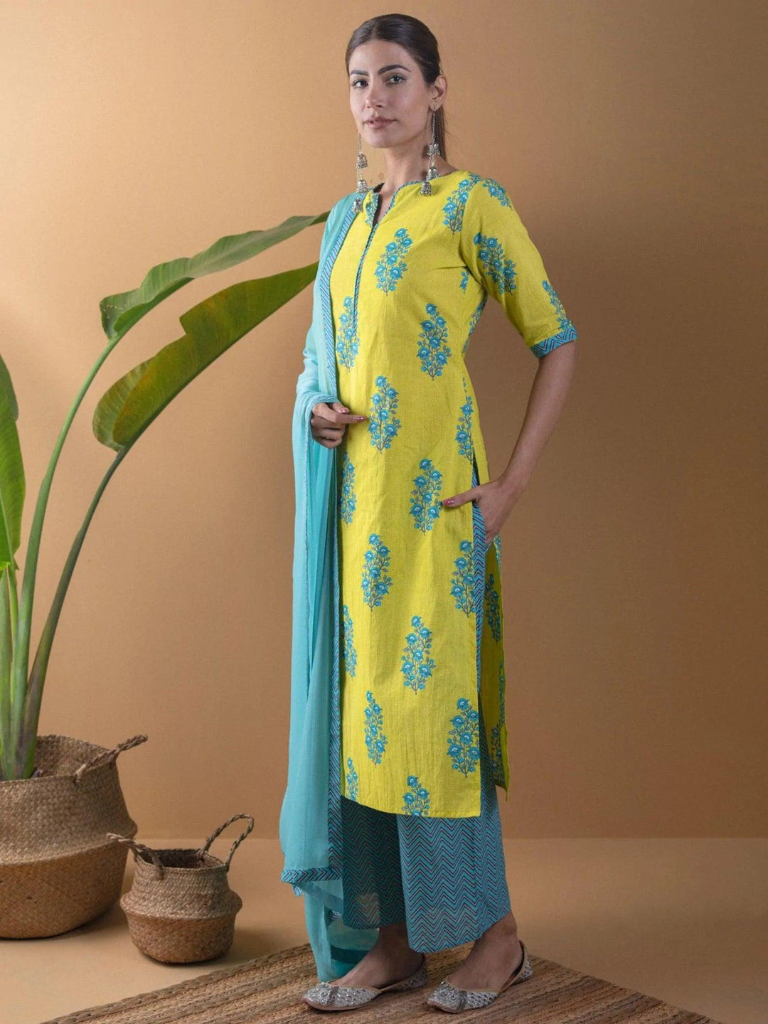Lime Green Printed Cotton Suit Set - ShopLibas