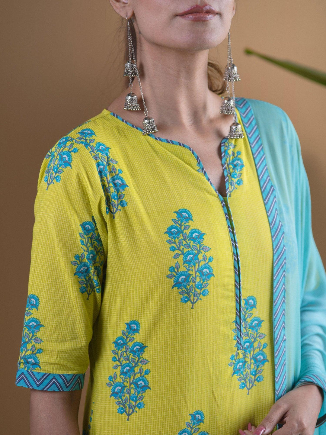 Lime Green Printed Cotton Suit Set - ShopLibas