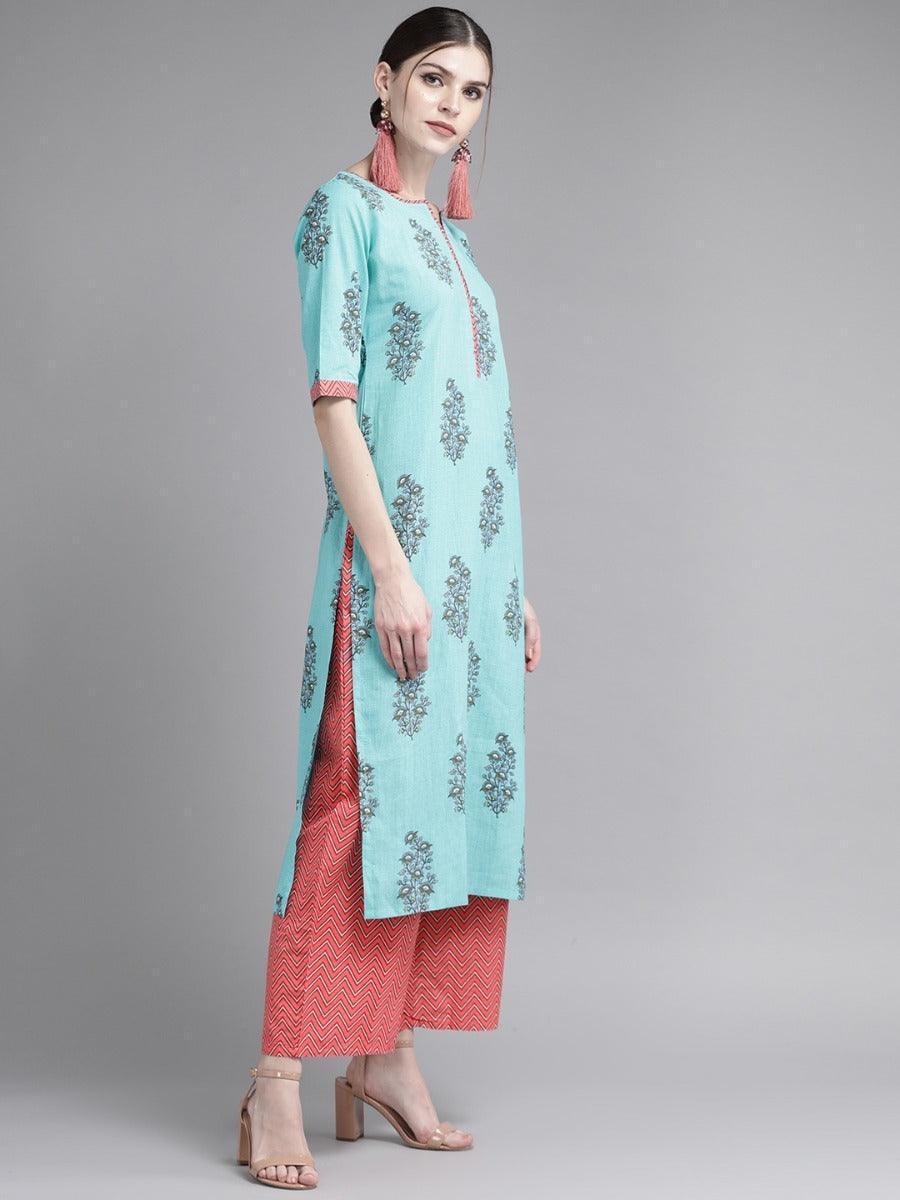 Blue Printed Cotton Suit Set - ShopLibas