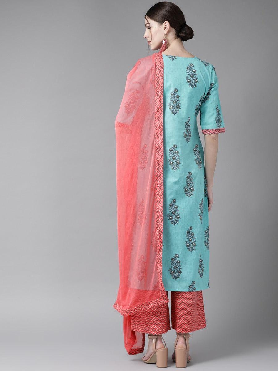 Blue Printed Cotton Suit Set - ShopLibas