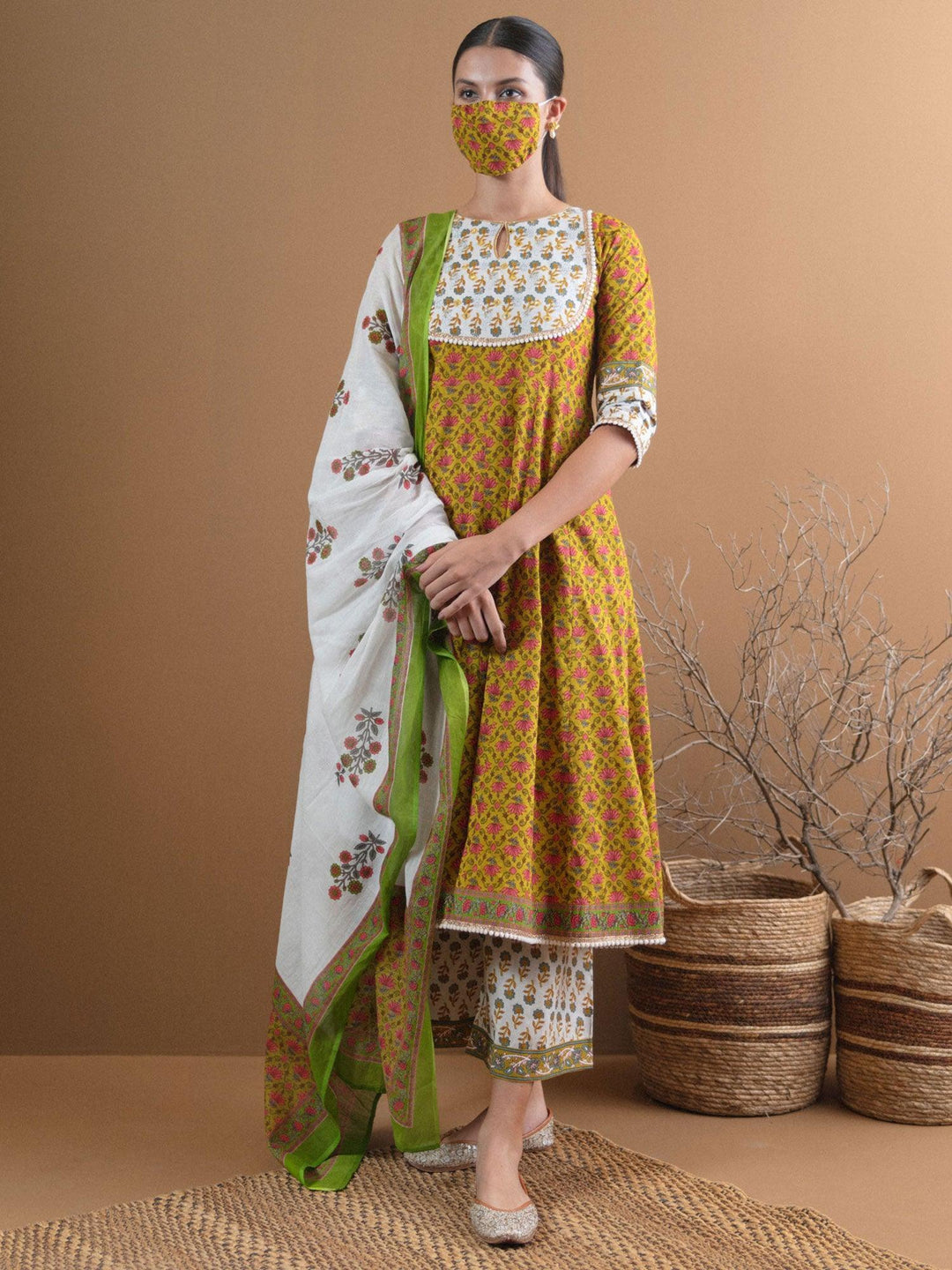 Olive Green Printed Cotton Suit Set With Mask - ShopLibas