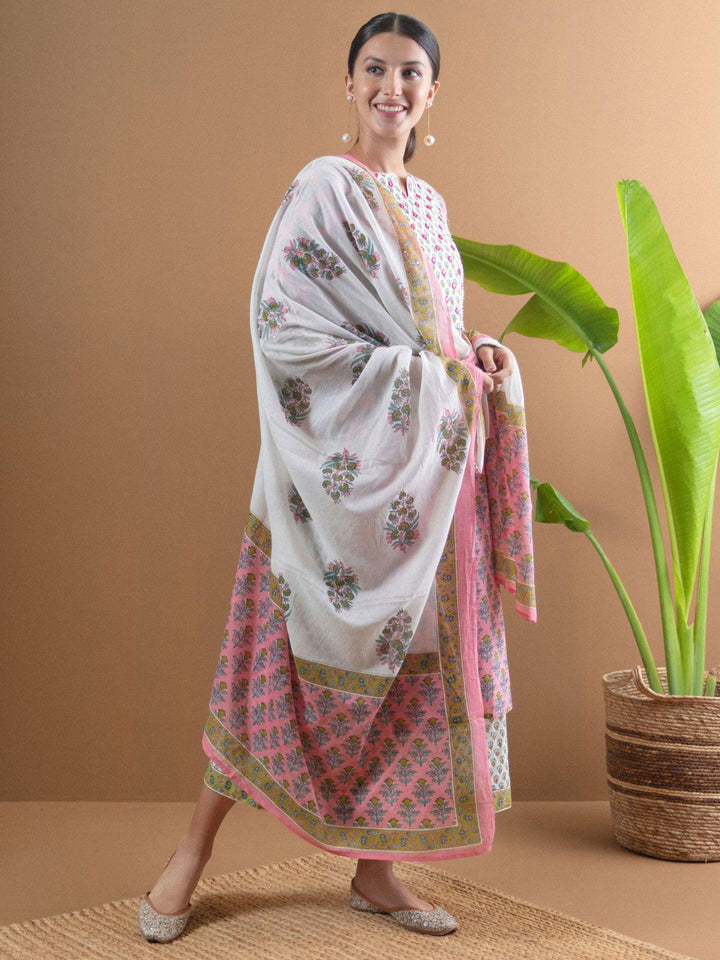 Pink Printed Cotton Suit Set With Mask