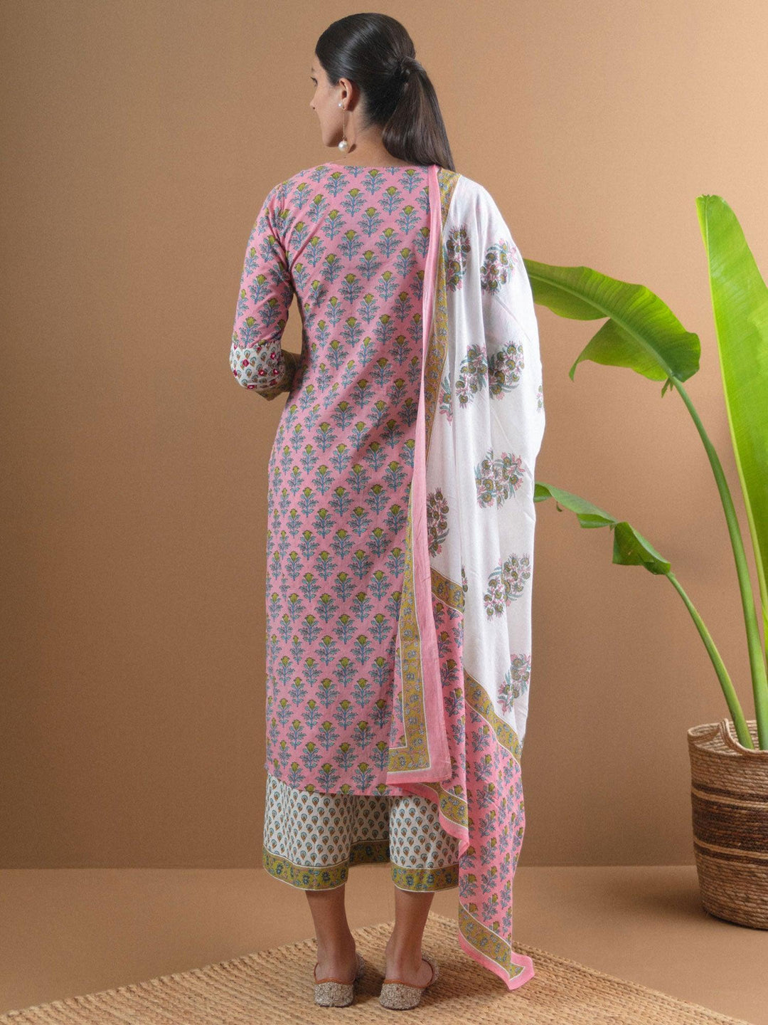Pink Printed Cotton Suit Set With Mask - ShopLibas