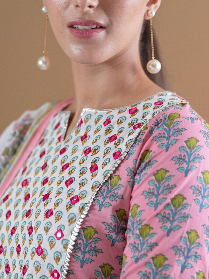 Pink Printed Cotton Suit Set With Mask