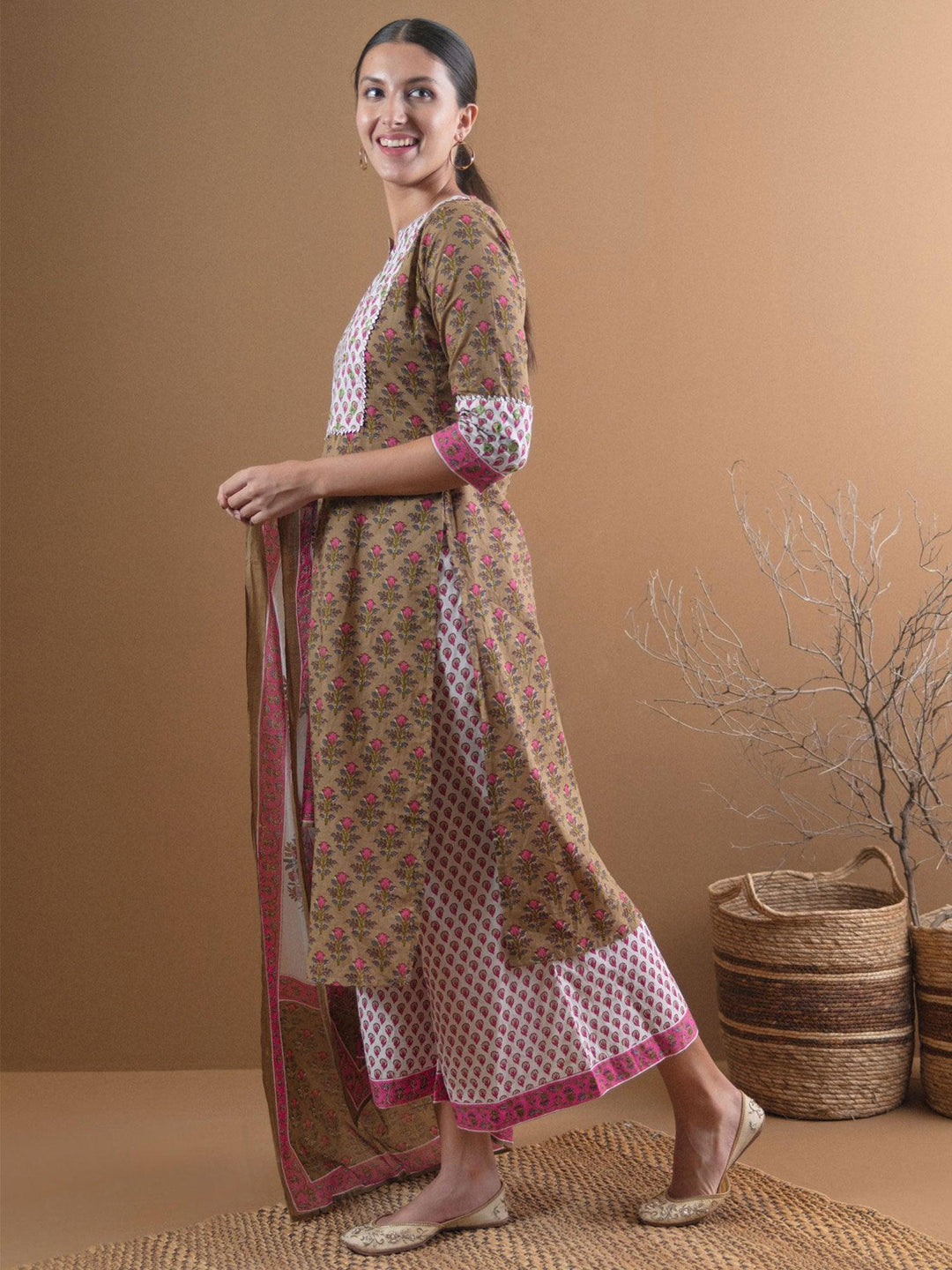 Olive Green Printed Cotton Suit Set - ShopLibas