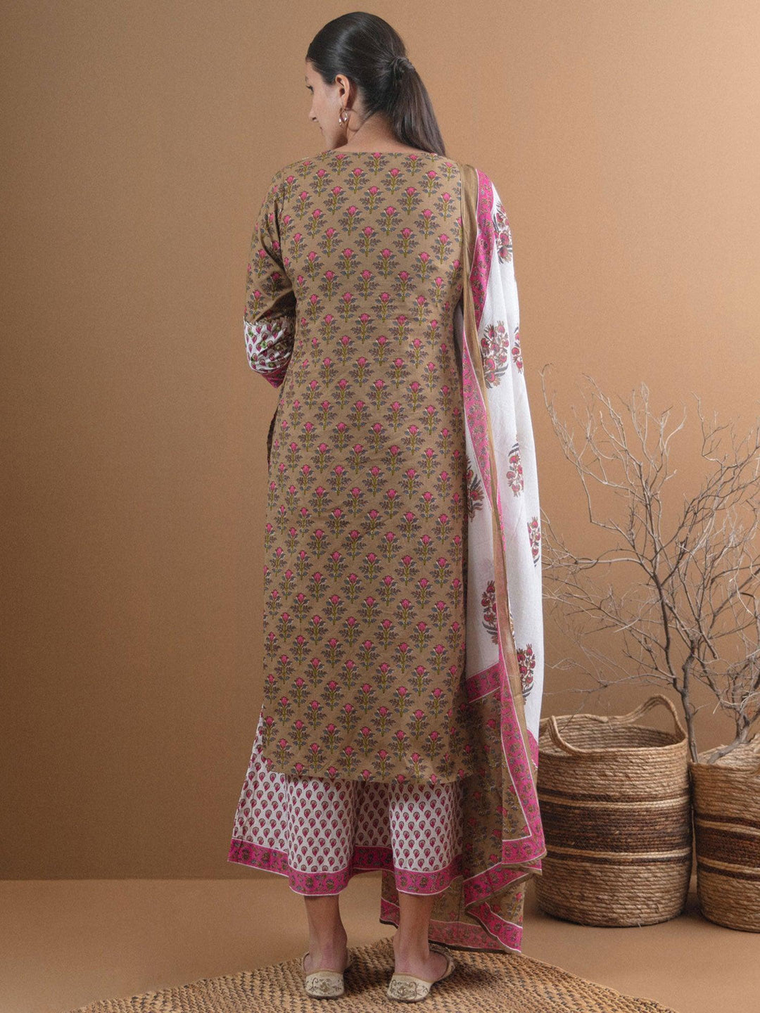 Olive Green Printed Cotton Suit Set - ShopLibas