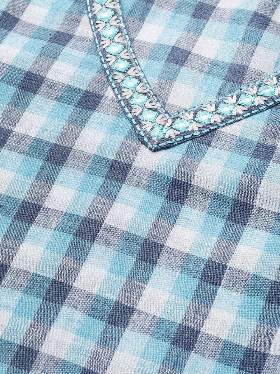 Blue Checkered Cotton Kurta Set - ShopLibas