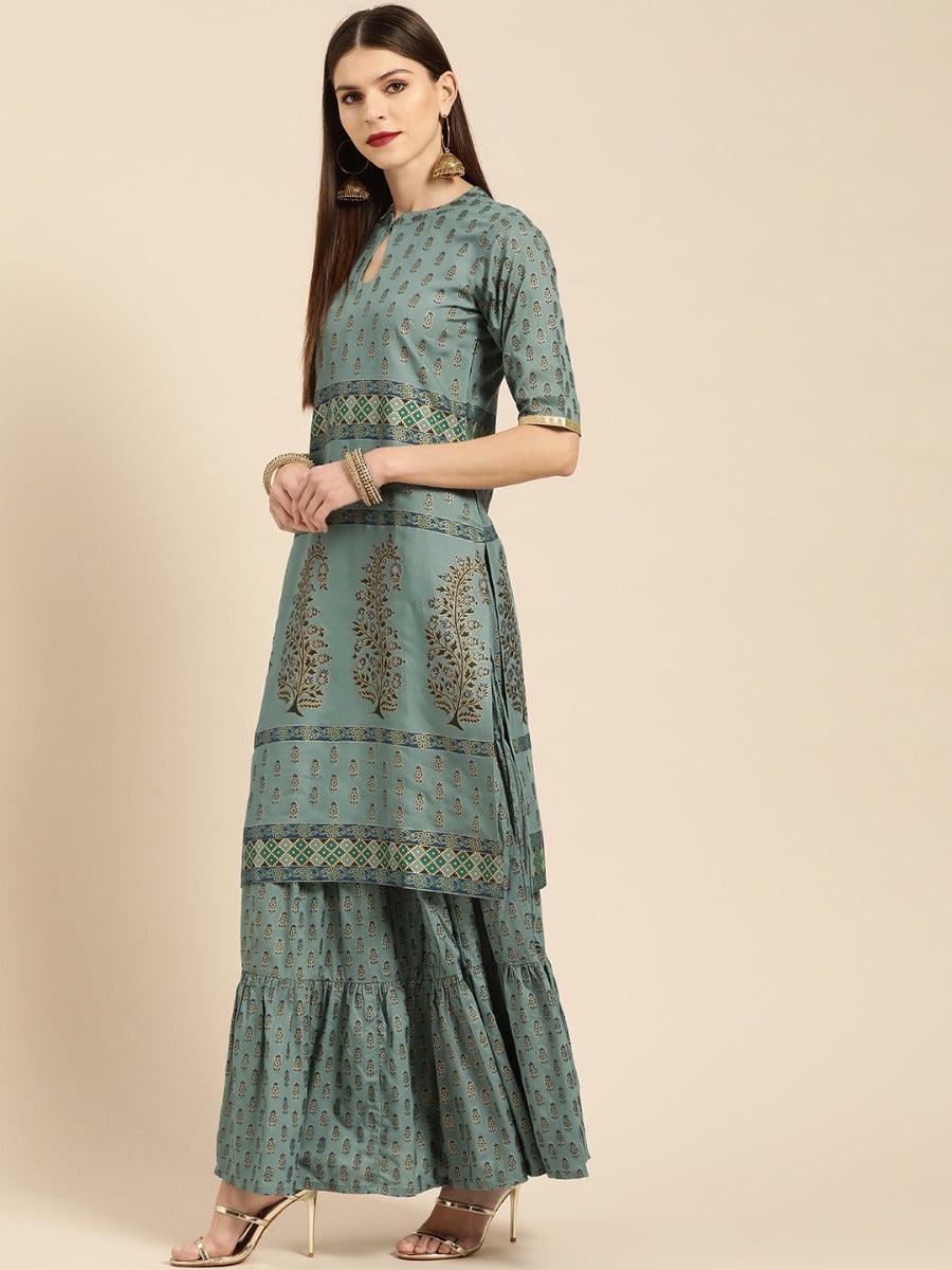 Grey Printed Cotton Kurta Set - ShopLibas