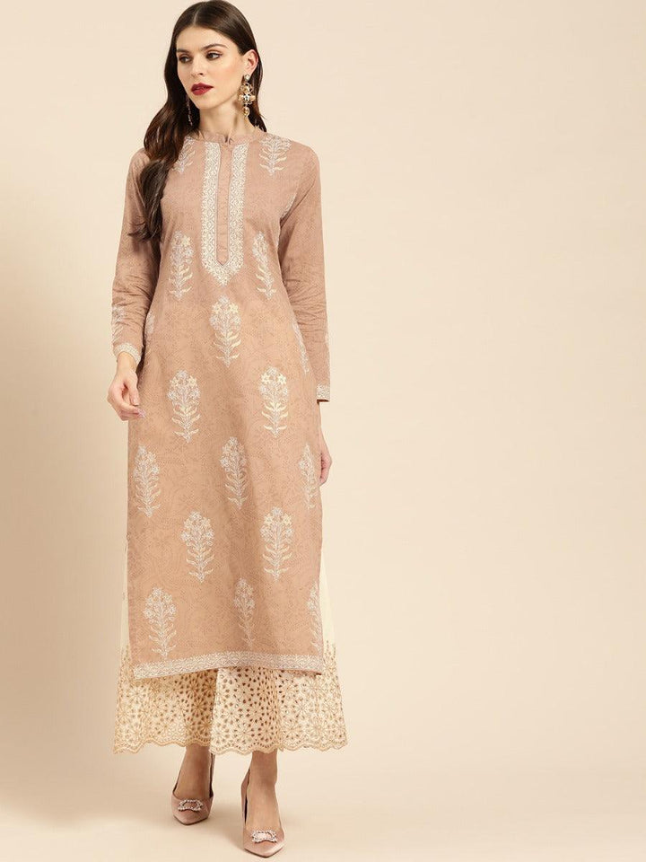 Beige Printed Cotton Kurta Set