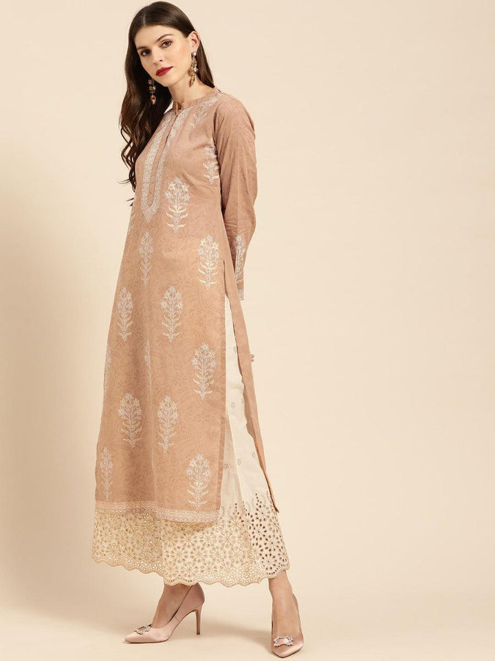 Beige Printed Cotton Kurta Set