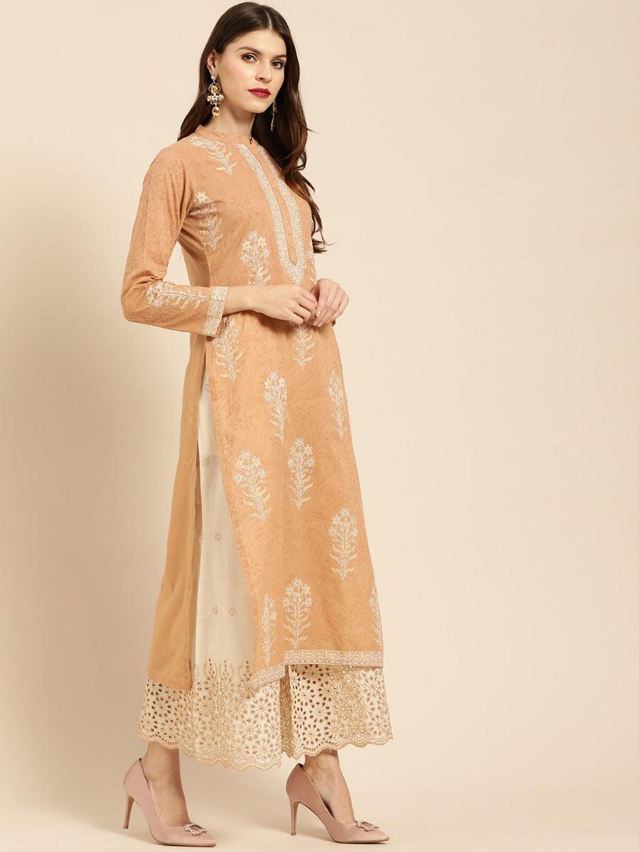 Beige Printed Cotton Kurta Set - ShopLibas