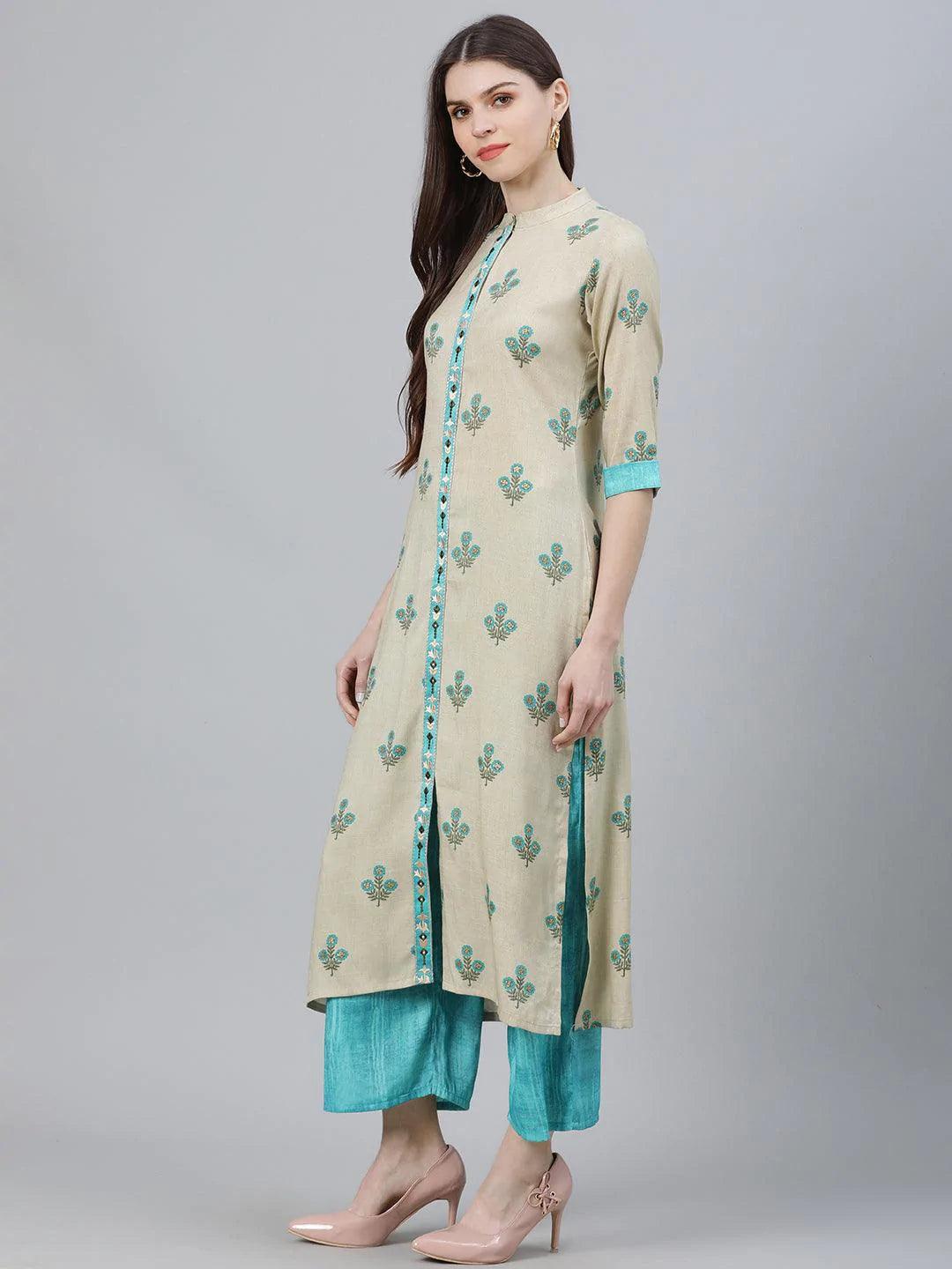 Beige Printed Rayon Kurta Set - ShopLibas