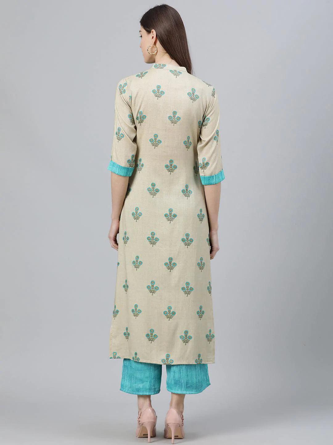 Beige Printed Rayon Kurta Set - ShopLibas