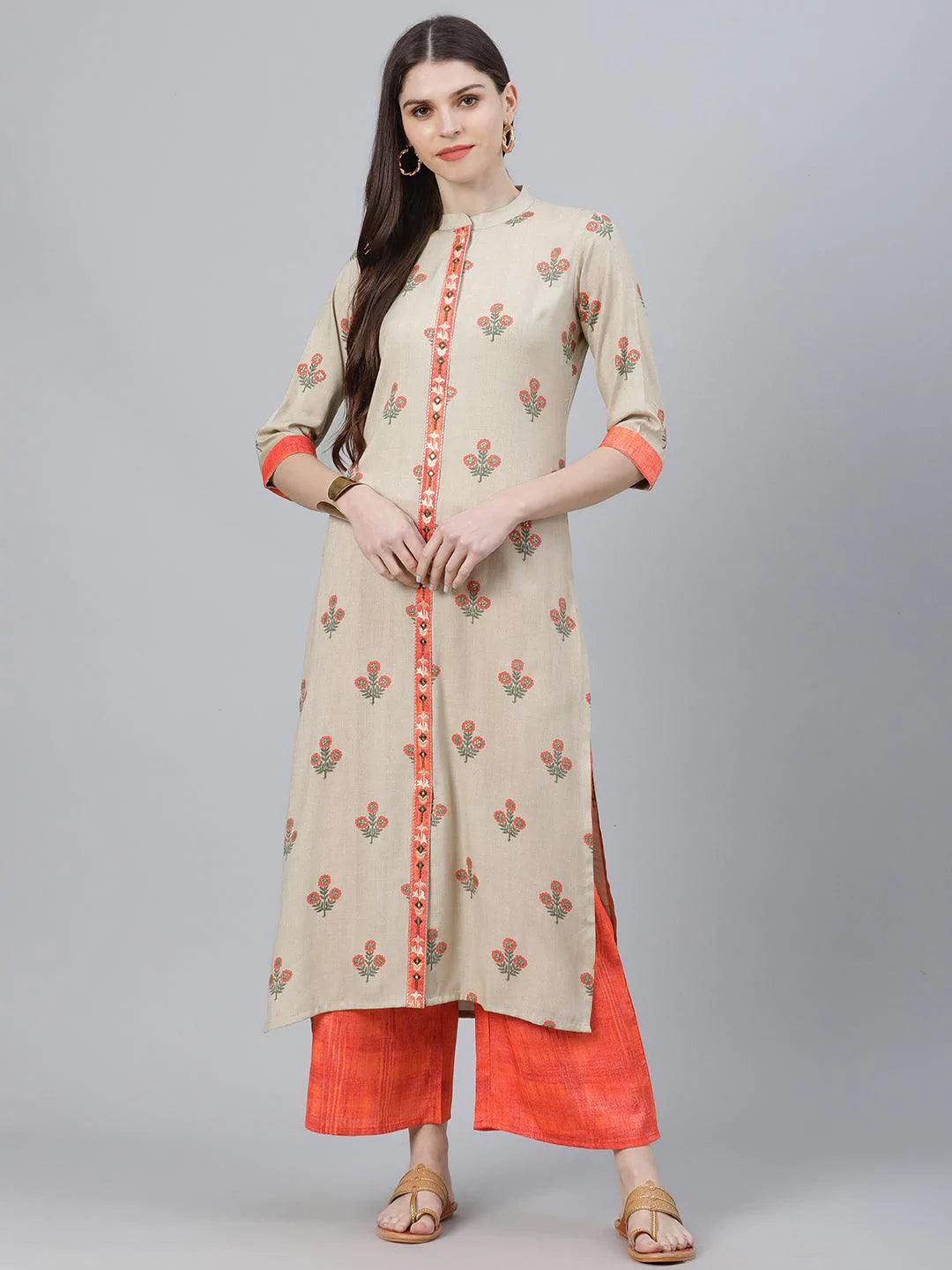 Beige Printed Rayon Kurta Set - ShopLibas