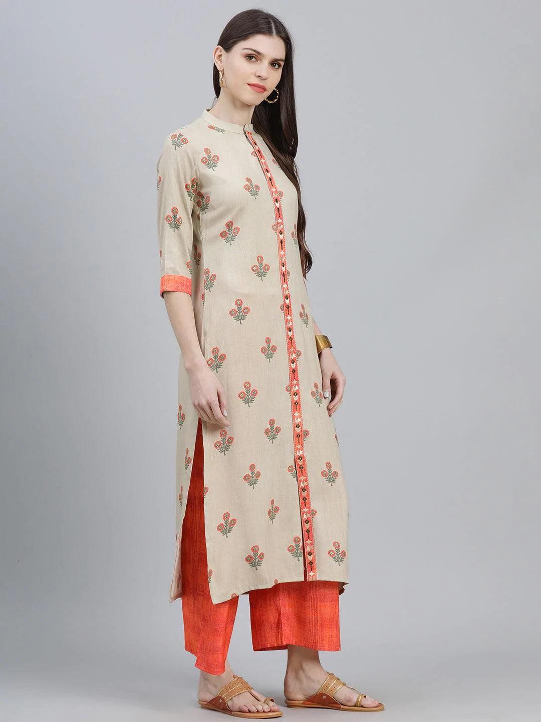 Beige Printed Rayon Kurta Set - ShopLibas