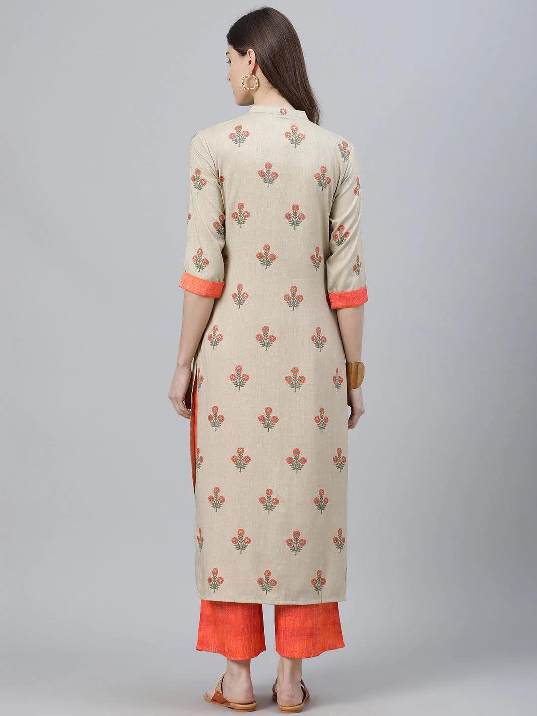 Beige Printed Rayon Kurta Set - ShopLibas