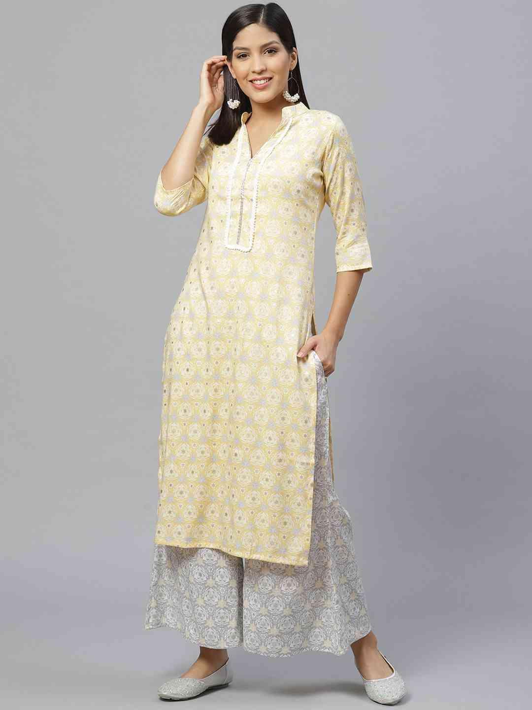 Yellow Printed Rayon Kurta Set - ShopLibas