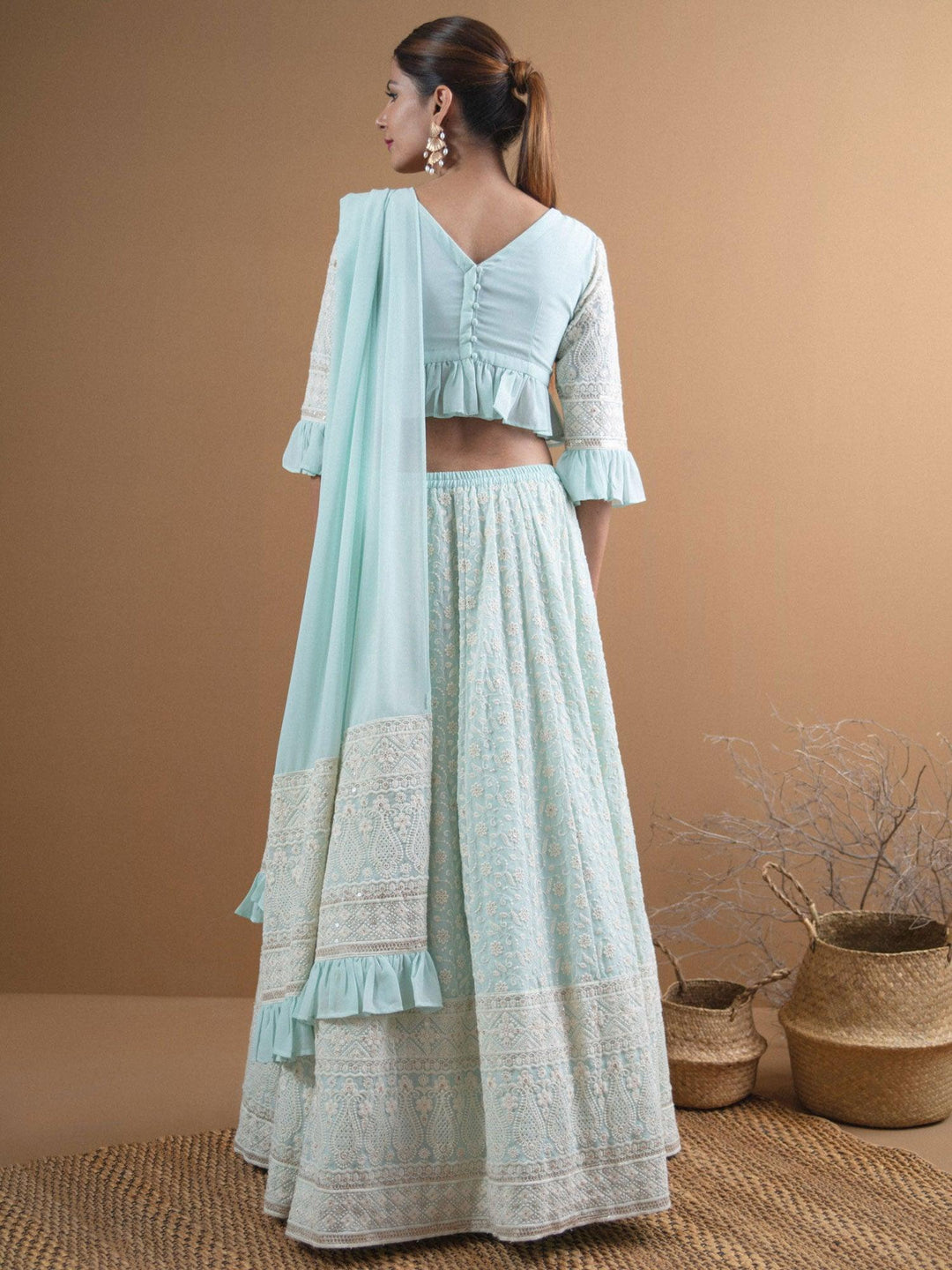 SIARA Blue Schiffli Georgette Lehenga Set - ShopLibas