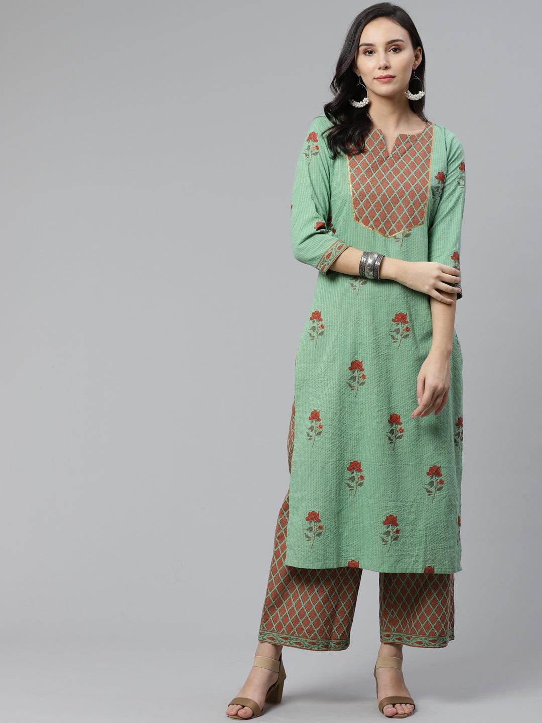 Green Printed Cotton Kurta Set - ShopLibas