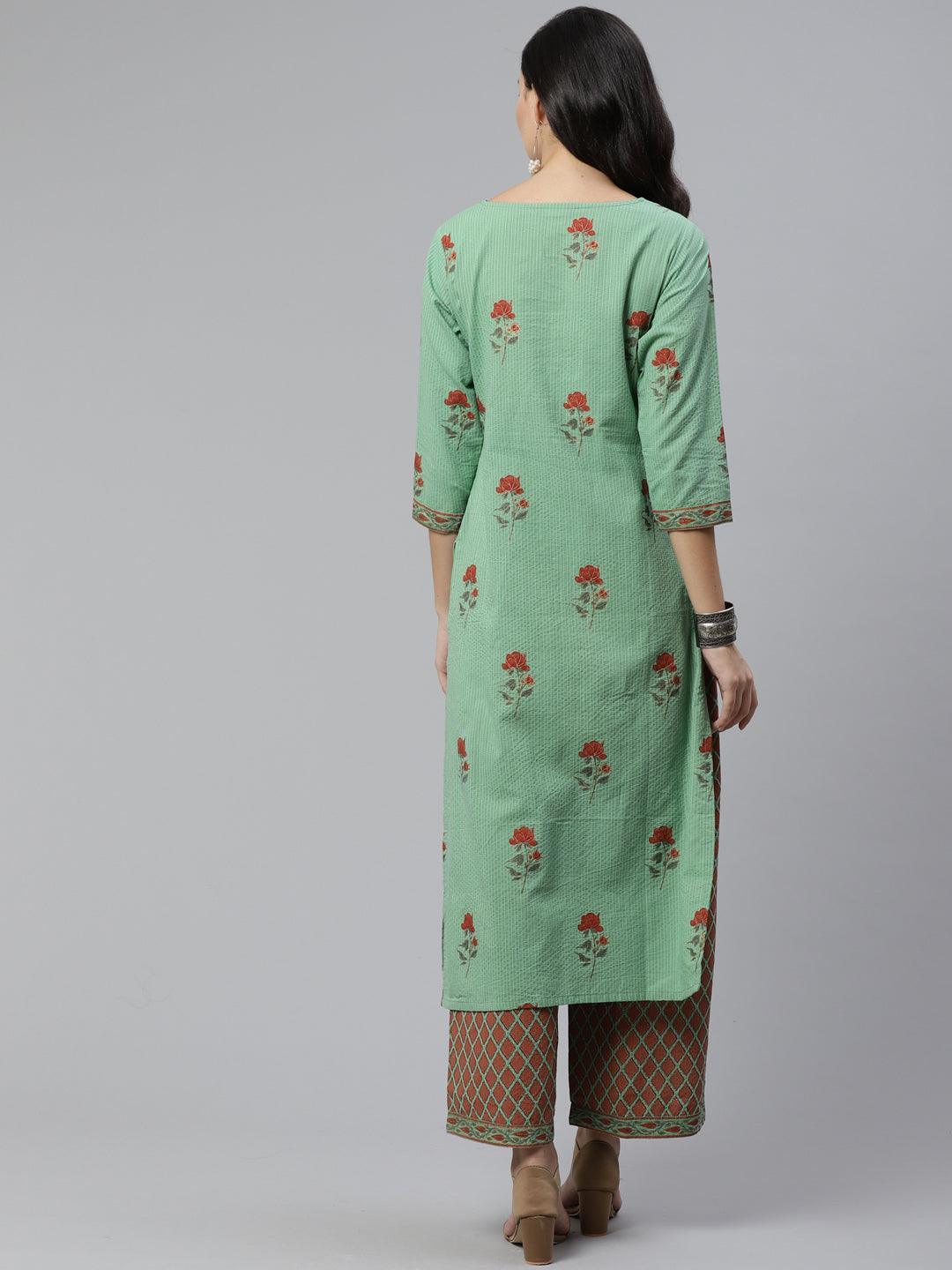 Green Printed Cotton Kurta Set - ShopLibas