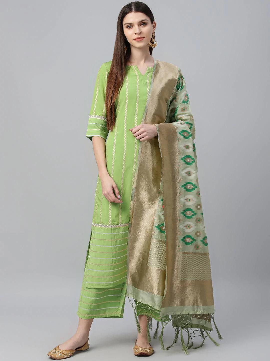 Green Striped Chanderi Suit Set - ShopLibas