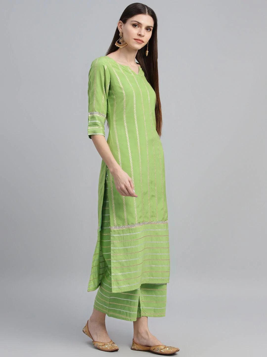 Green Striped Chanderi Suit Set - ShopLibas