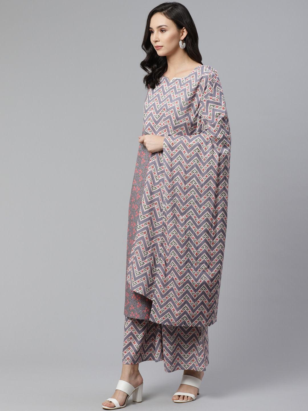 Grey Printed Cotton Suit Set - ShopLibas