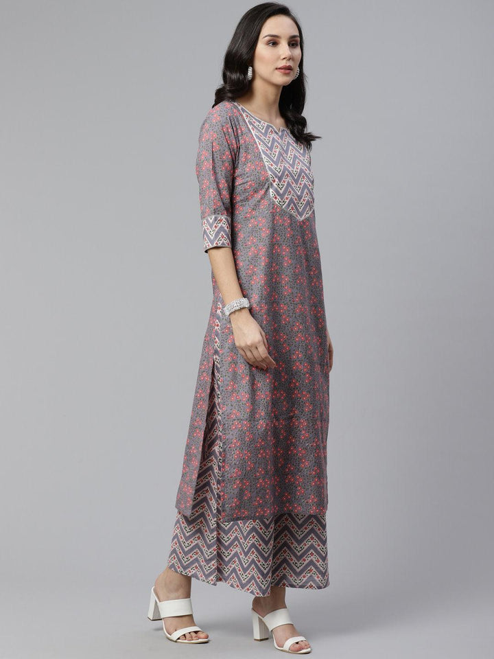 Grey Printed Cotton Suit Set