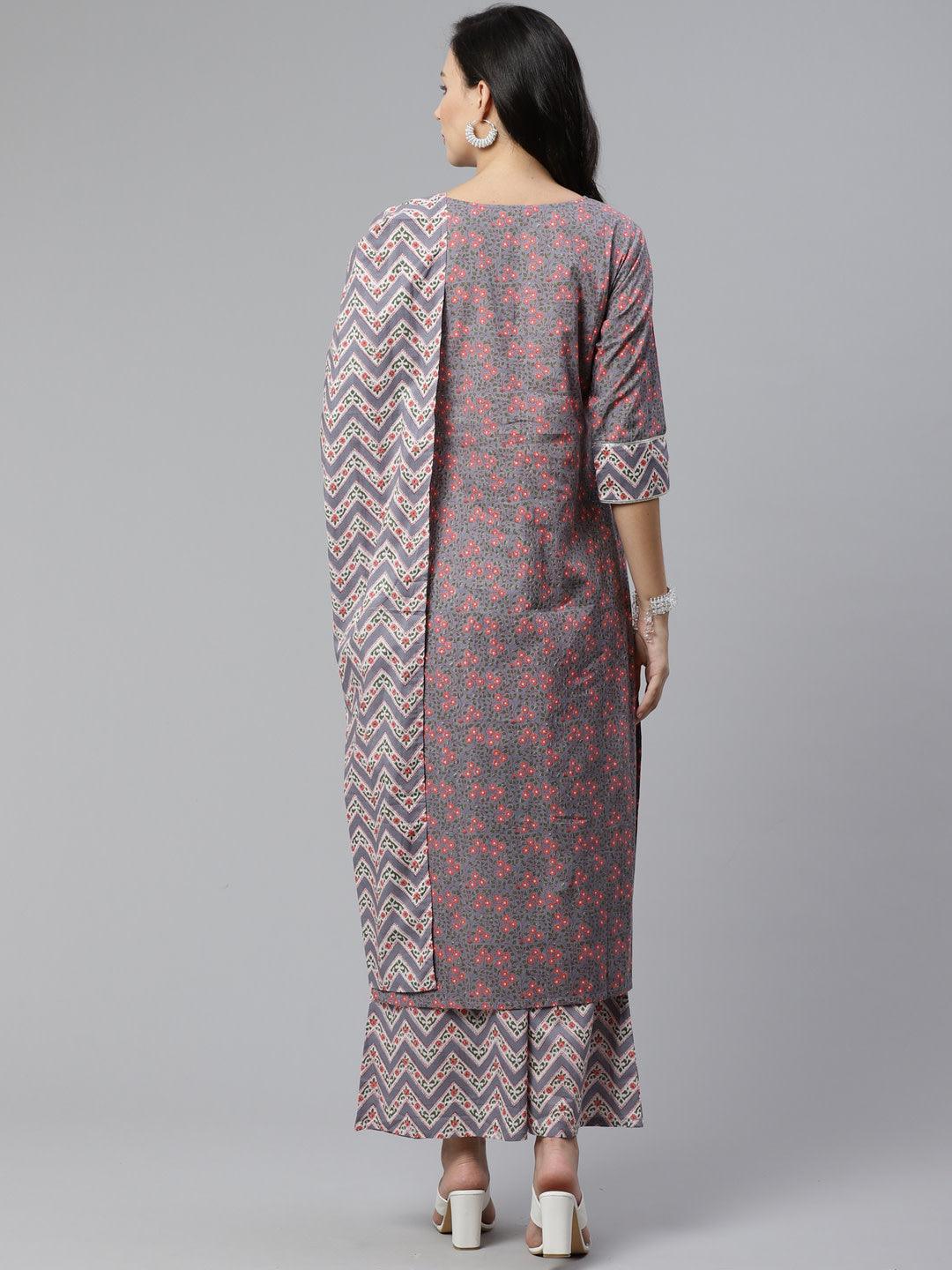 Grey Printed Cotton Suit Set - ShopLibas